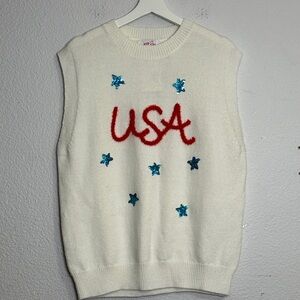 USA Cream Tinsel Pullover Sleeveless Sweater Vest Sequin Stars Womens Small NWT